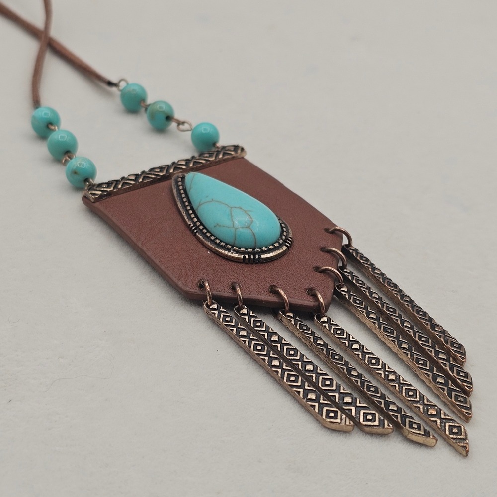 Brown Leather Blue Stone Pendant Necklace Metal Fringe Boho Tribal Southwest - Picture 4 of 13